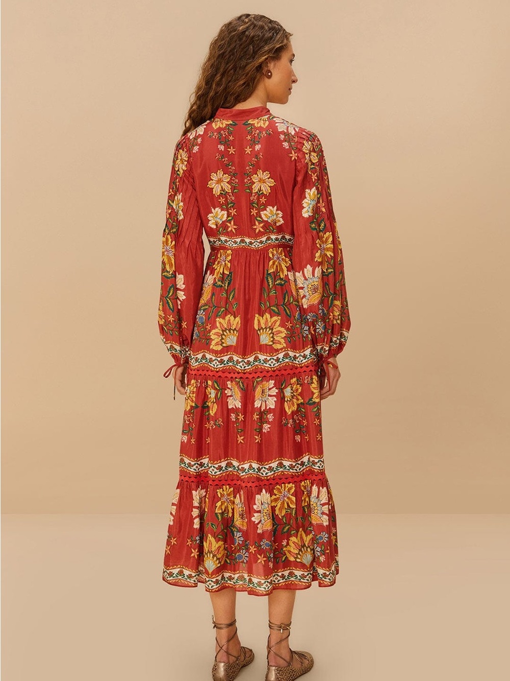 FARM Rio Red Garden Delight Long Sleeve Midi Dress | Boho Floral | Medium - Picture 3 of 6